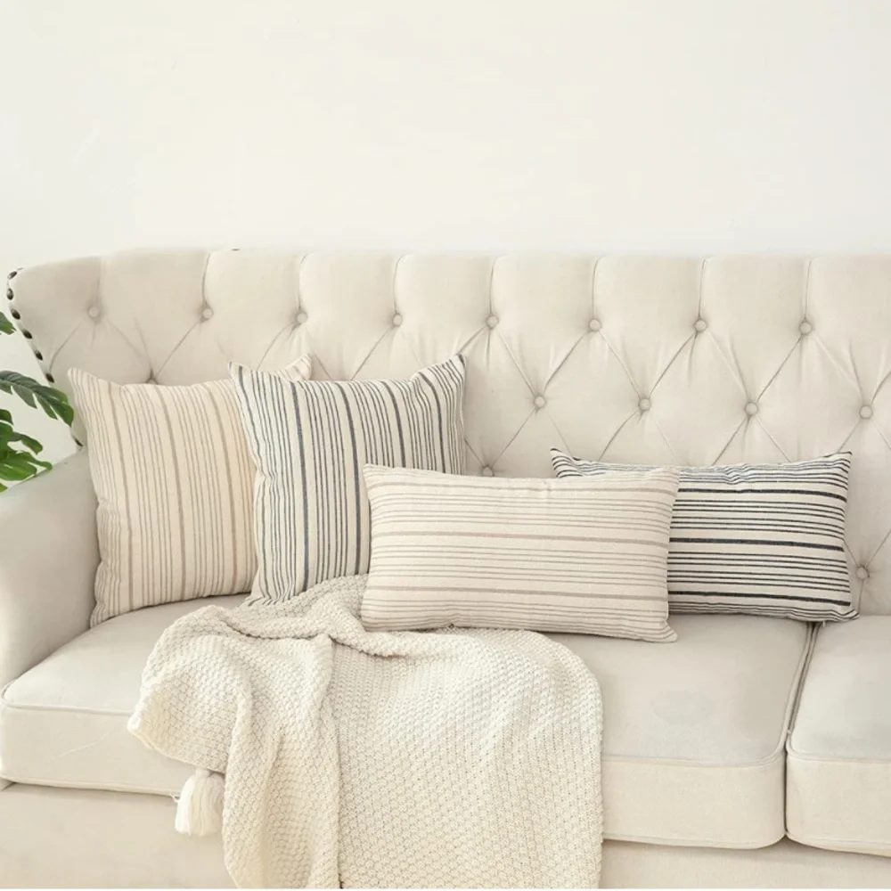 Luxury Home | Modern Farmhouse Beige Textured Linen Striped Throw Pillow Covers